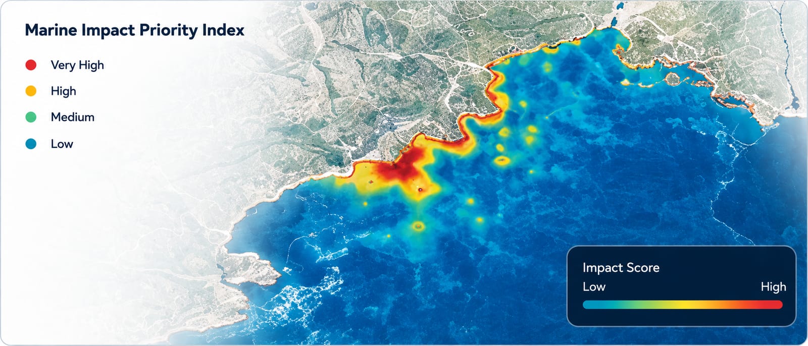 Marine Impact Priority Index heat map of a coastline with legend Very High, High, Medium, Low and an impact score scale from low to high